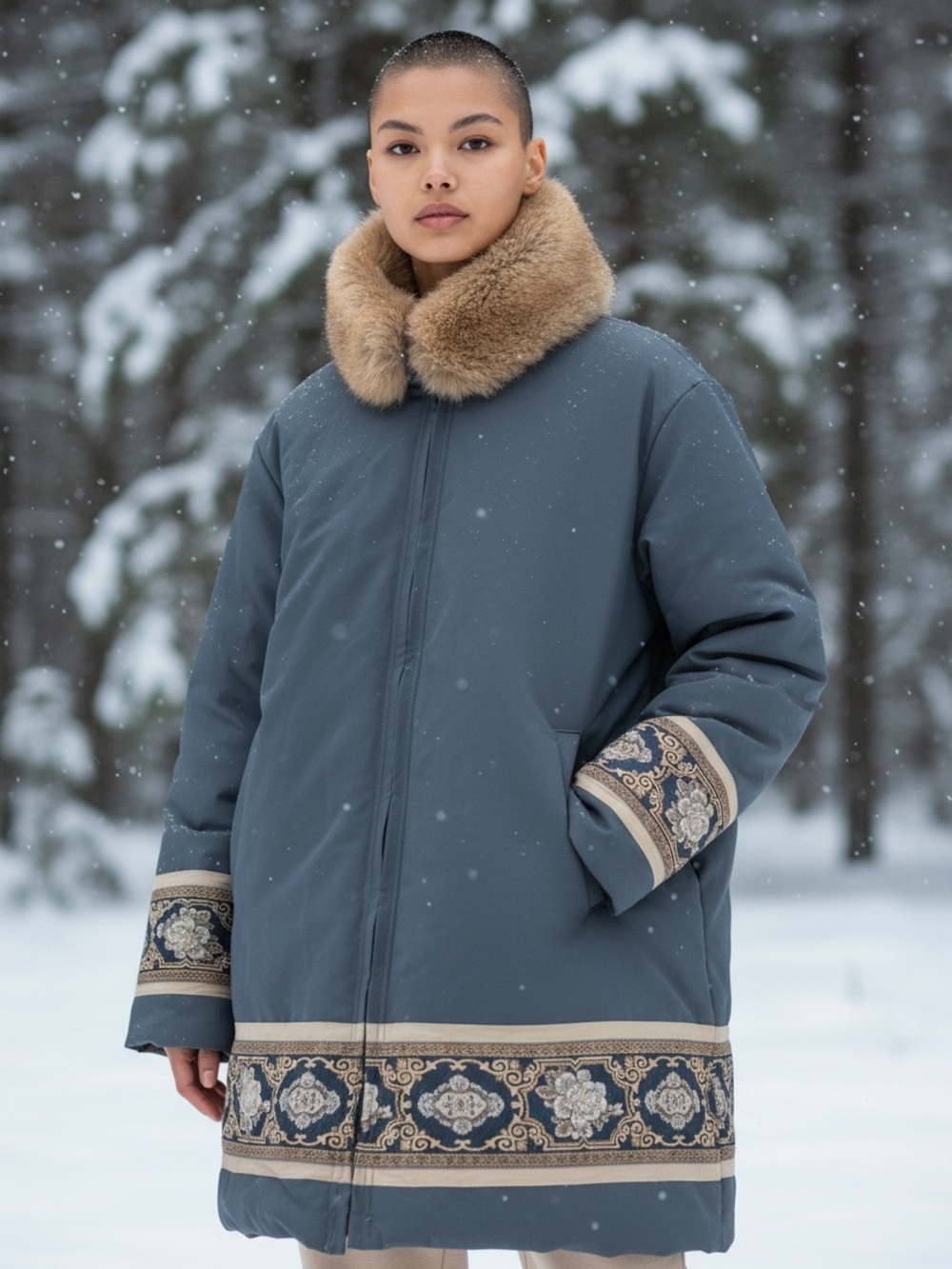 Winter Parka with Fur Collar - Gray with Tan Trim